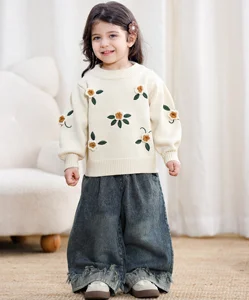 Autumn 2026 Baby Girl Pullover Knitted Baby Girl Sweet Sweater Top Handmade with Beautiful Flower Embroidery Baby Tops