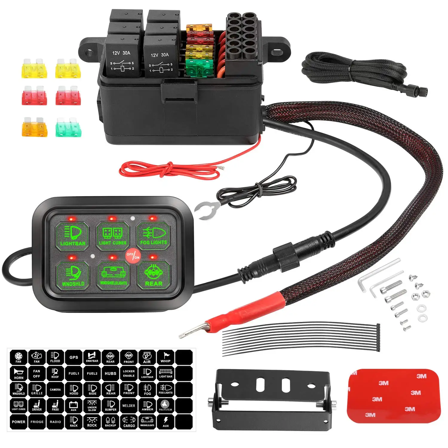 6 Gang Dimmable 12V LED Switch Automotive Light Button Switch Panel Relay System Control Box