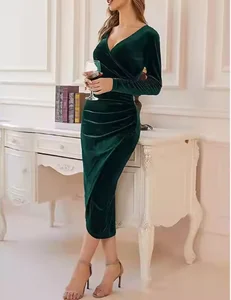 Women's Elegant European New Style Sexy Velvet V-Neck Midi Evening Dress Slim-Fit Long Sleeve with Irregular Hem Eco-Friendly