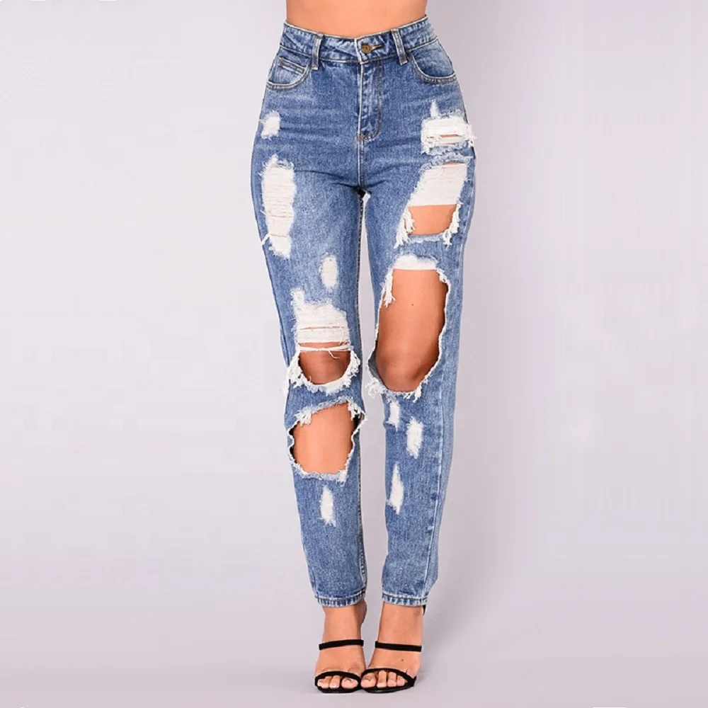 Fashion Street Youth Trend Elastic Harlan Women's Ripped Jeans Pants