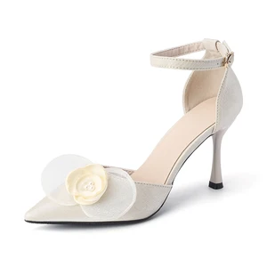 Chic Women's Ivory Satin Pointed Toe Stiletto Heel Comfortable Summer Slip-On Sandals with Bow Detail