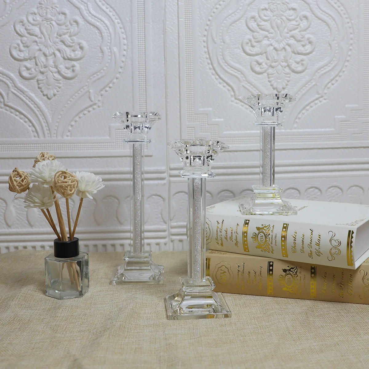 China wholesale customized indoor decorative tall crystal taper pillar glass candle holders manufacturers for wedding decoration supplier