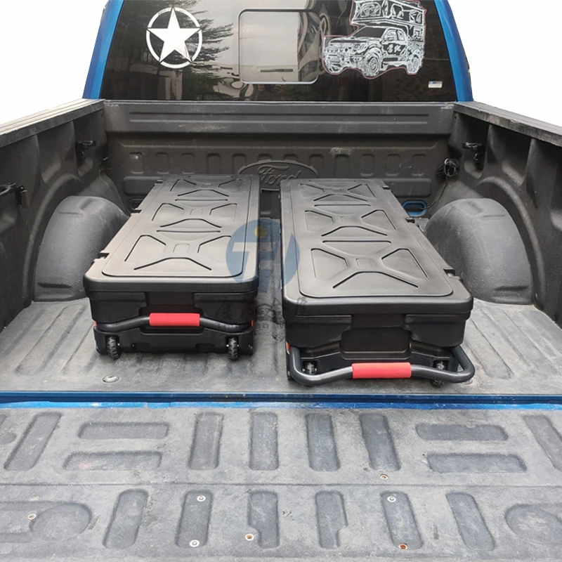 Rotomolded PlaStorage Toolbox with Customized Removable Trays and Wheels and Retractable Handles for Universal Pickup Truck