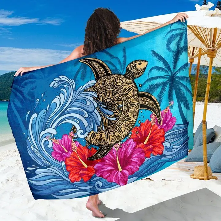 Blue Hibiscus Turtle Polynesian Pattern Printed Sarong