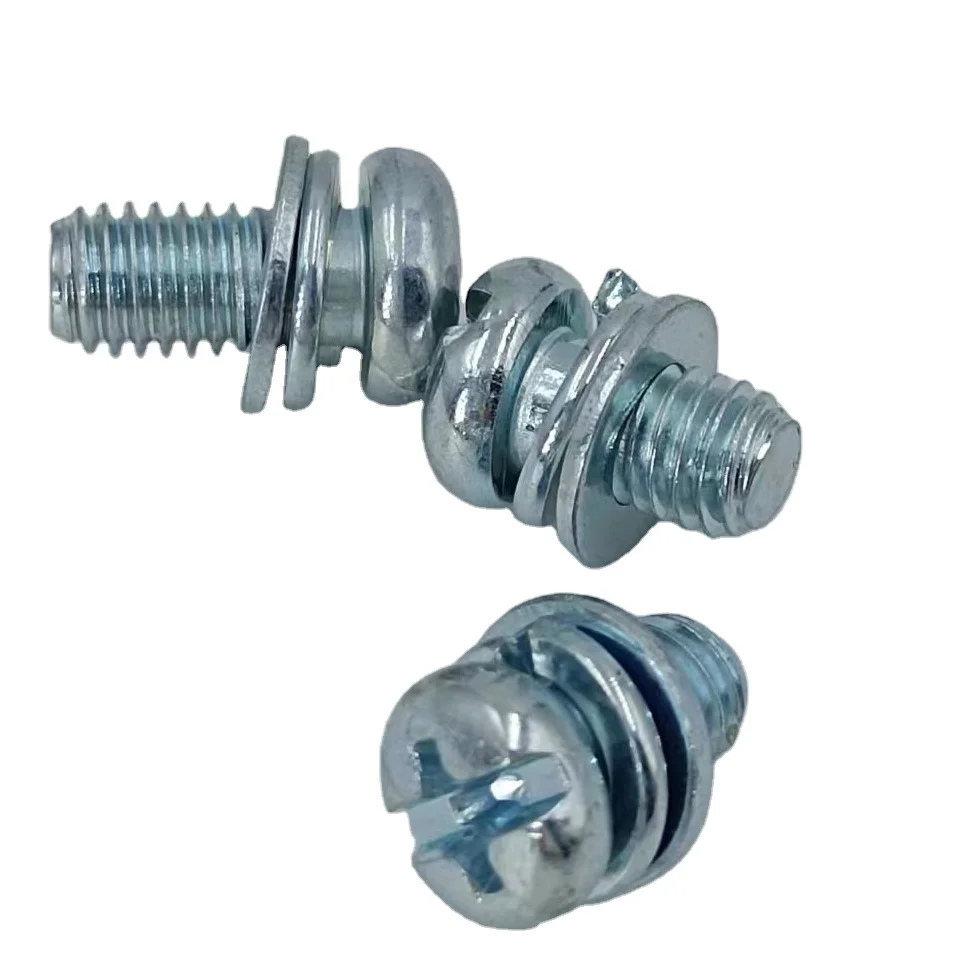 Wholesale Steel round Head Three Combination Screws Cross-Shaped Pan Head with Flat Spring Washer Metric ISO Standard