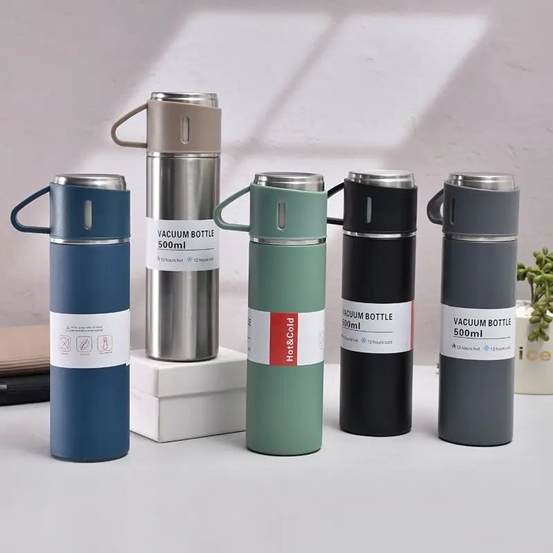 Custom Logo 500ml Stainless Steel Business Cup Set Double-Wall Vacuum Flask Mug 3 Lids Food Cold One Water Bottle Gift Box Set