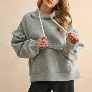 Wholesale Pullover Sweatshirt American Style Heather Grey Long Sleeve Ruffle Trim Chunky Drawstring Women Hoodie