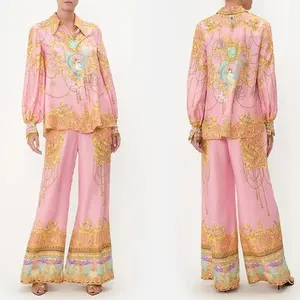 Women's Cozy Living Long Sleeve Knit Top and Pant Set Woven Print Shirt with Stand Collar Embroidery Decoration One Size S-XL