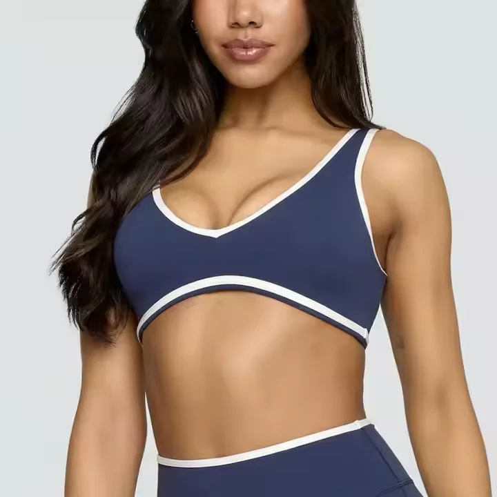 OEM Manufacturers Contrast Color 4-Way Stretch V Neck Yoga Crop Tank Top Plain Breathable Gym Fitness Sports Bra for Women