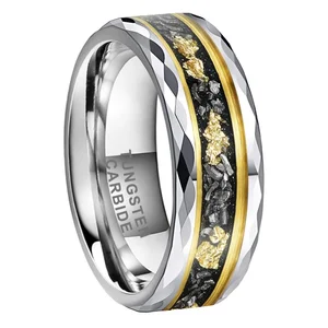 Coolstyle Jewelry 8mm Mens Womens  Engagement Wedding Band Meteorite Gold Foil Inlay Faceted Tungsten Carbide Rings