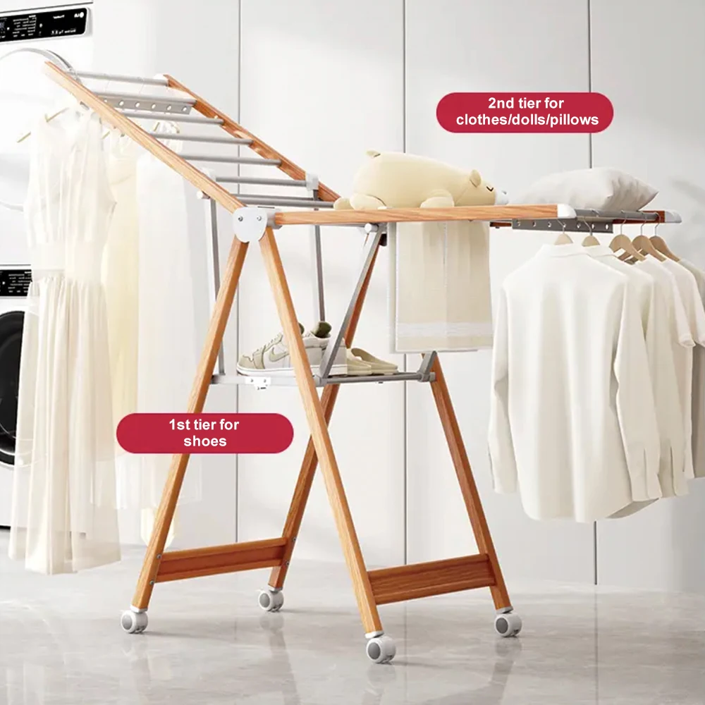 Portable Foldable Iron Steel Bamboo Plastic Laundry Drying Rack Rustproof  Standing Type Household Clothes Horse for Storage