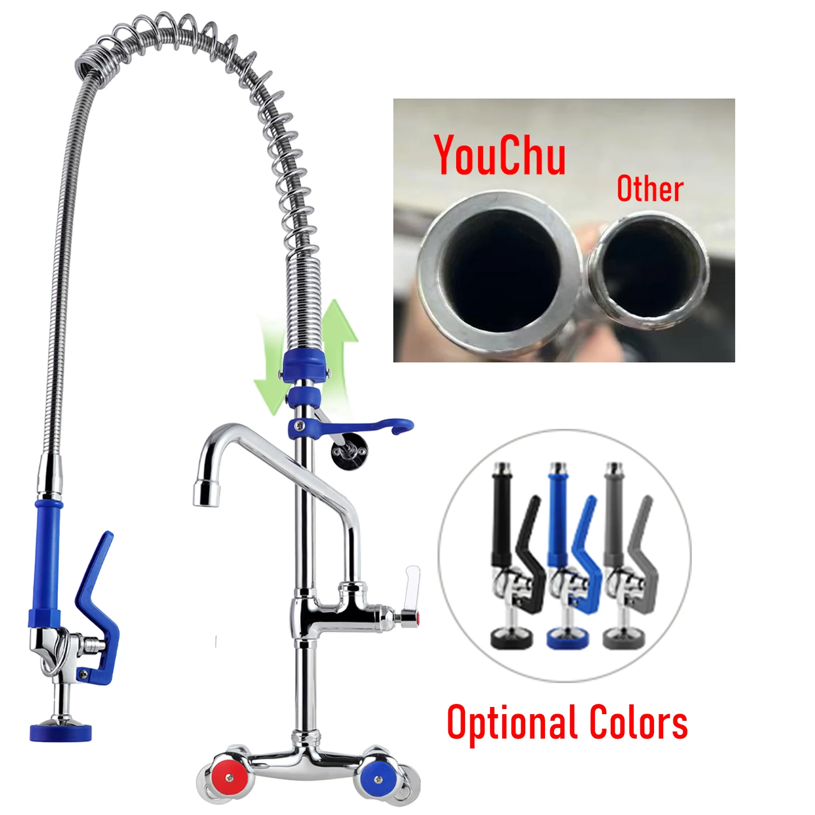 Dual-Handle Spring Action Brass Valve Core Easy Install Wall Mounted Commercial Kitchen Faucet Adjustable Pre-Rinse Sink Unit details