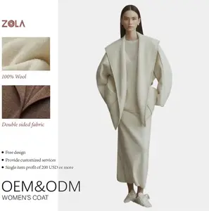 Solid Color Open-Front Wool Coat for Women Winter Outerwear with Pocket Decoration Plain Dyed for Office Lady Style