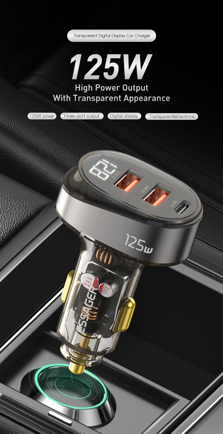 Essager 2022 Transparent Digital Official Store Car Charger 125w