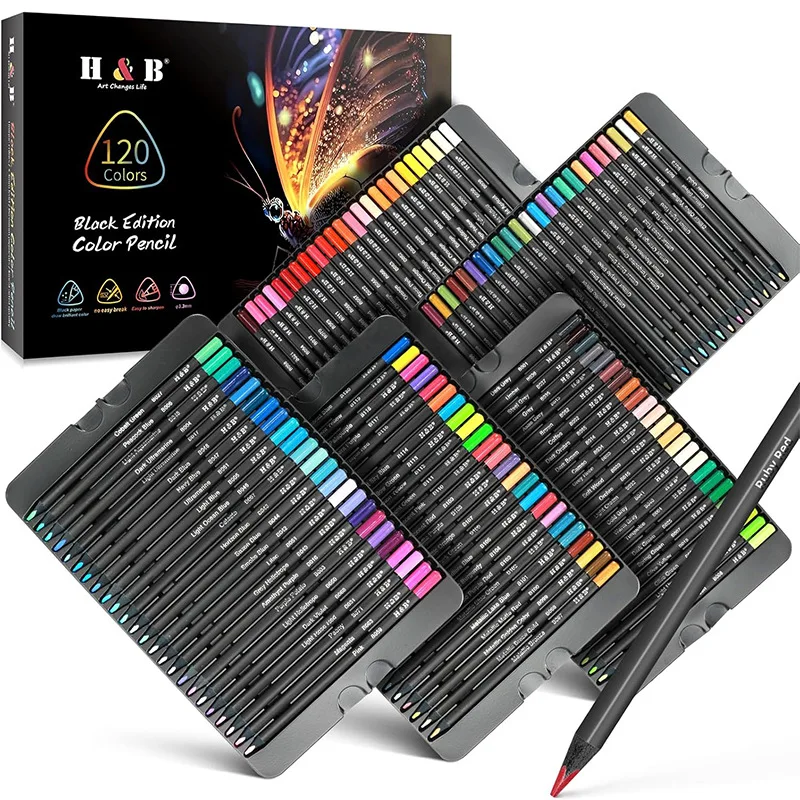 Black Wood Oil-Based Colored Set, Triangular Barrel, 24/72/120 Colors, Professional Drawing Pencils For Artists_voghion.com
