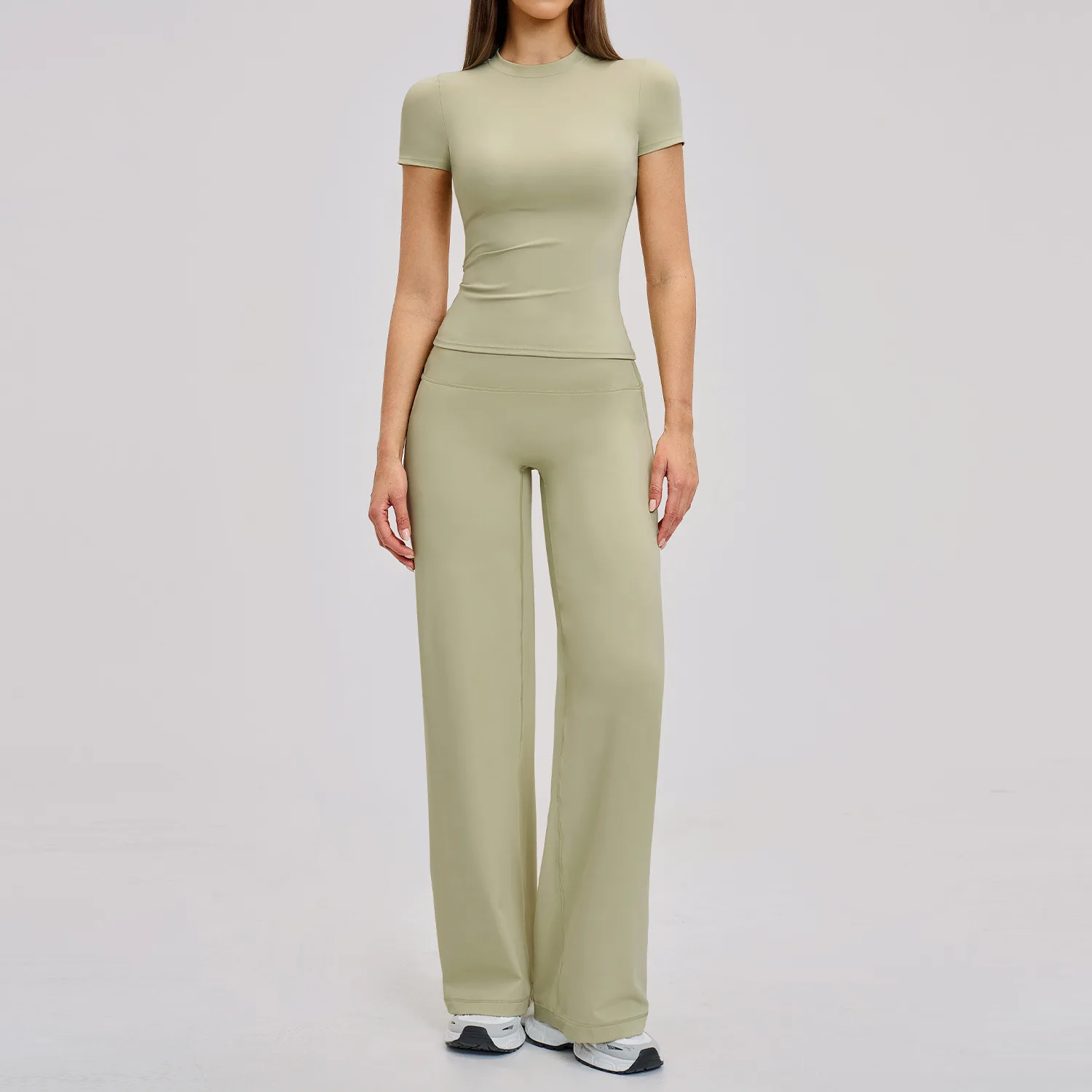 Wicking Spandex/Nylon 2-Piece T-Shirt Flare Yoga Pants Set thumbnail
