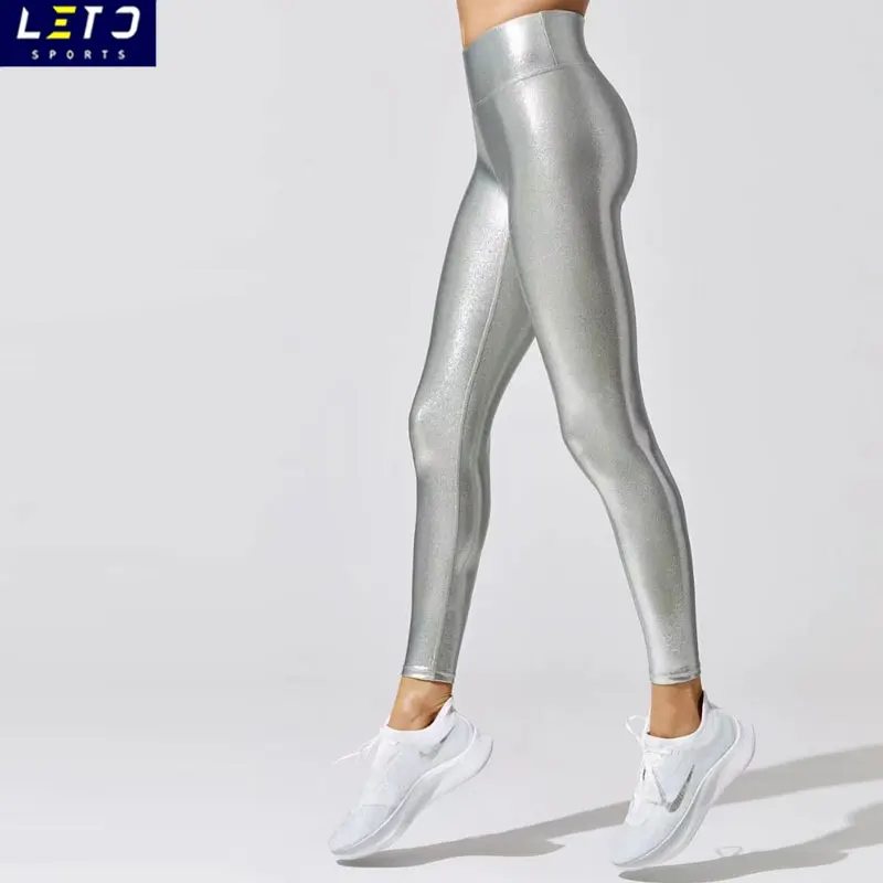 Recycled Nylon Glitter Liquid Shiny Foil Printing Gym Leggings High Waist  Yoga Pants