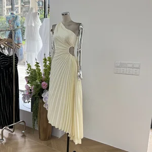 One Shoulder Cutout Pleated Evening Cocktail Party Dress Asymmetric Hem Party Gown