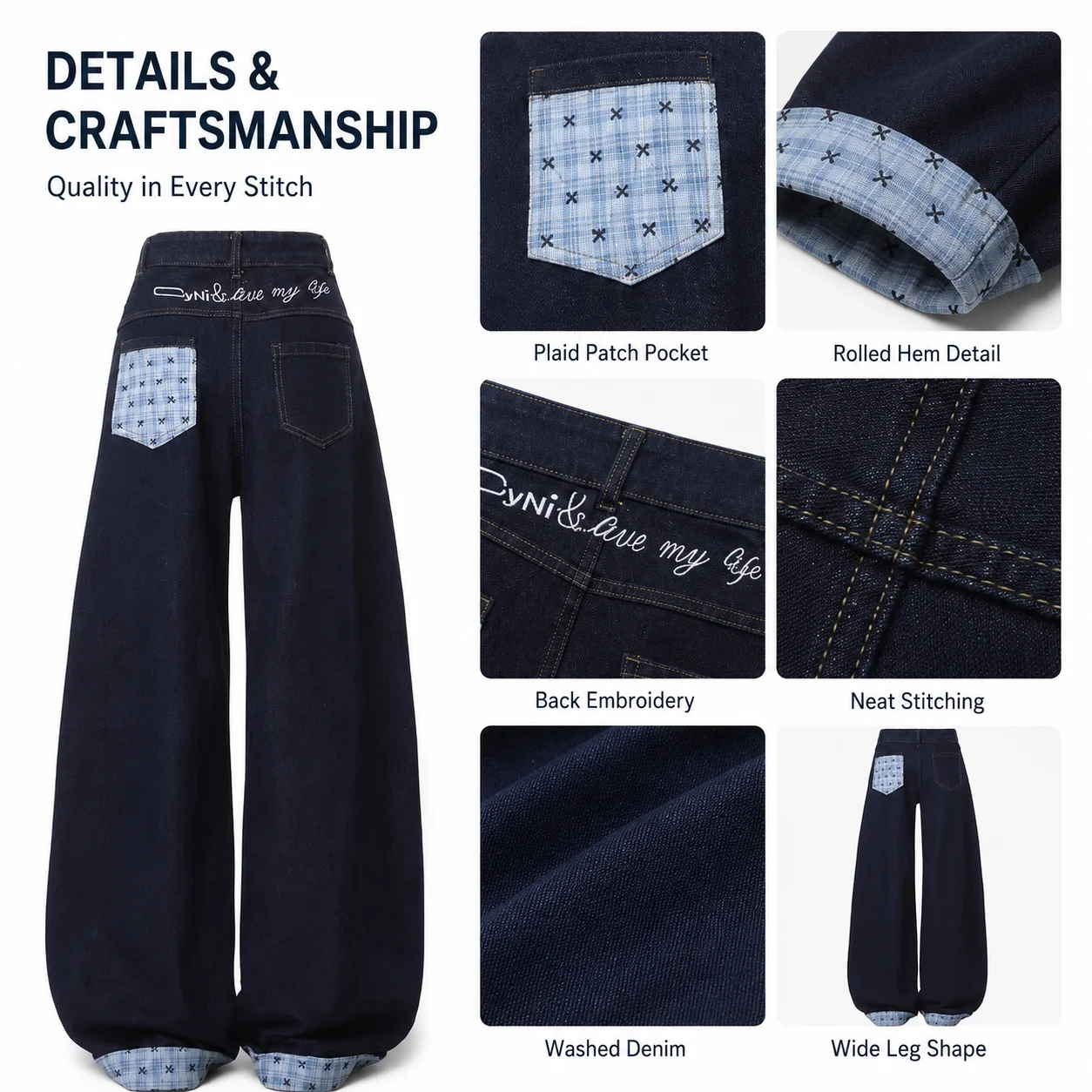 Design Bowknot Plaid Patchwork Denim Jeans for Women Spring Season Plus Size Loose Wide-leg Pants