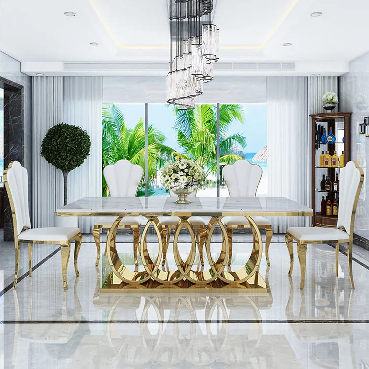 Customized Stainless Steel Dining Table Set 6 Seater Marble Rectangle