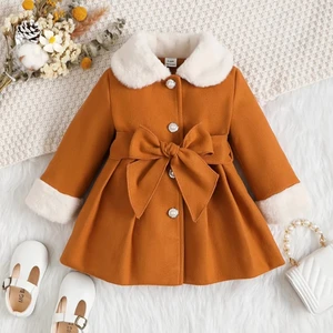 Customized Casual Mid-length Western British Style Children's Girl's Wool Blends Coat Velvet 90% Filled Single Clothes for Kids