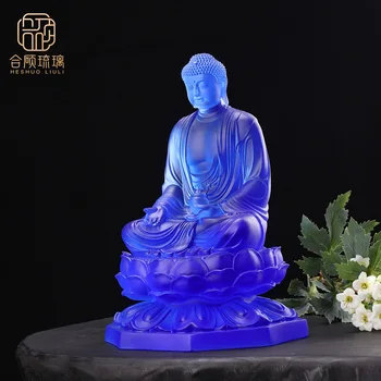 Handmade Traditional Bhaisajyaguru Medicine Buddha Statue Glass Crafts for Home Altar Decor in Living Room