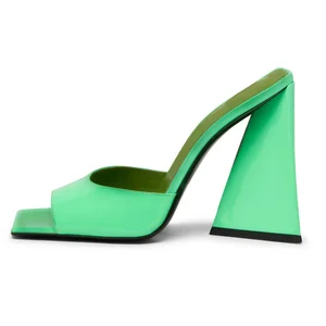 Trendy Evening Party Green Square Toe Chunky High Heels Slippers Pyramid Heel Summer Mules Heeled Sandals for Women and Ladies