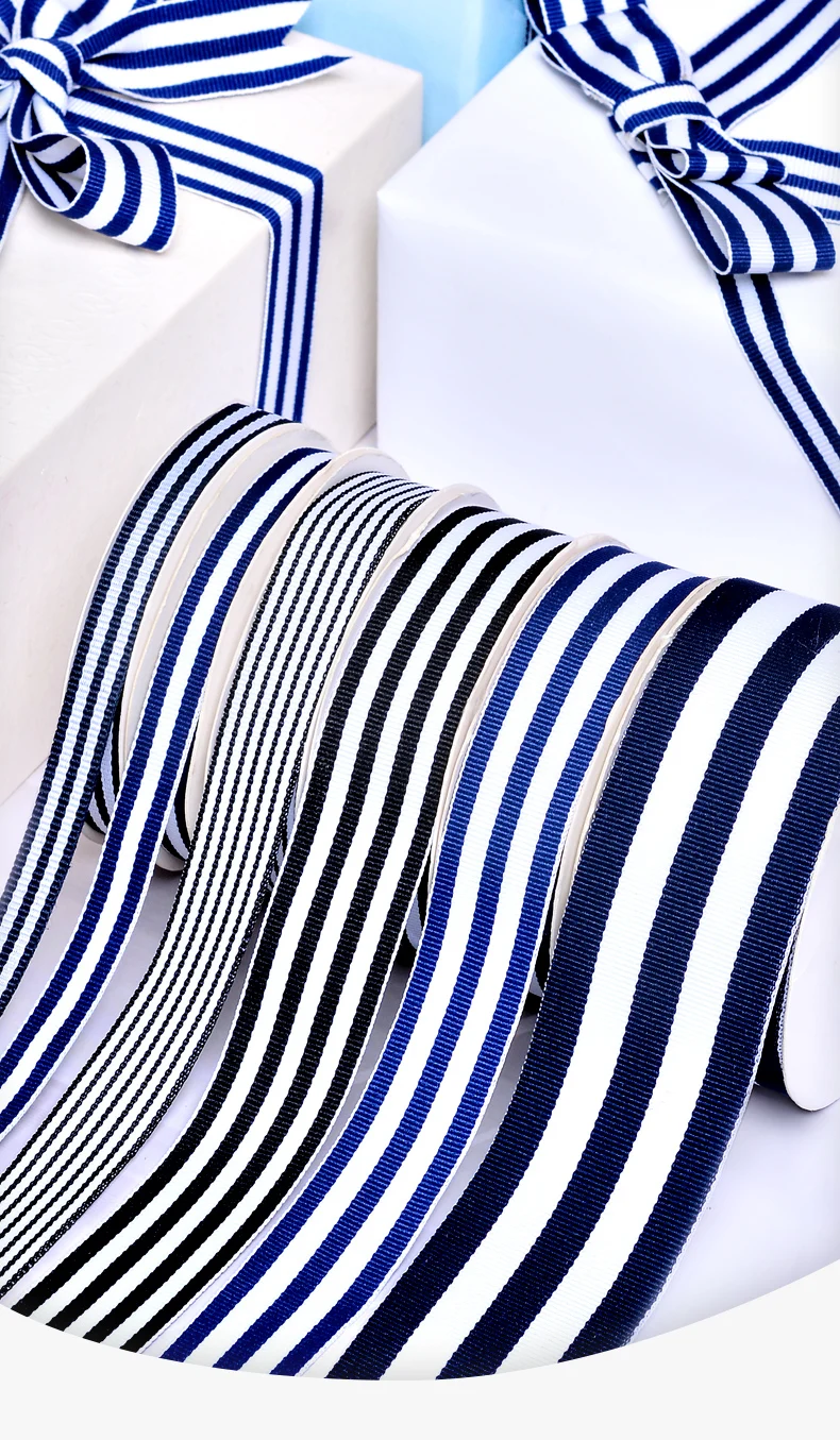 Ribest Blue And White Custom Polyester Woven Stripe Ribbon For Gift