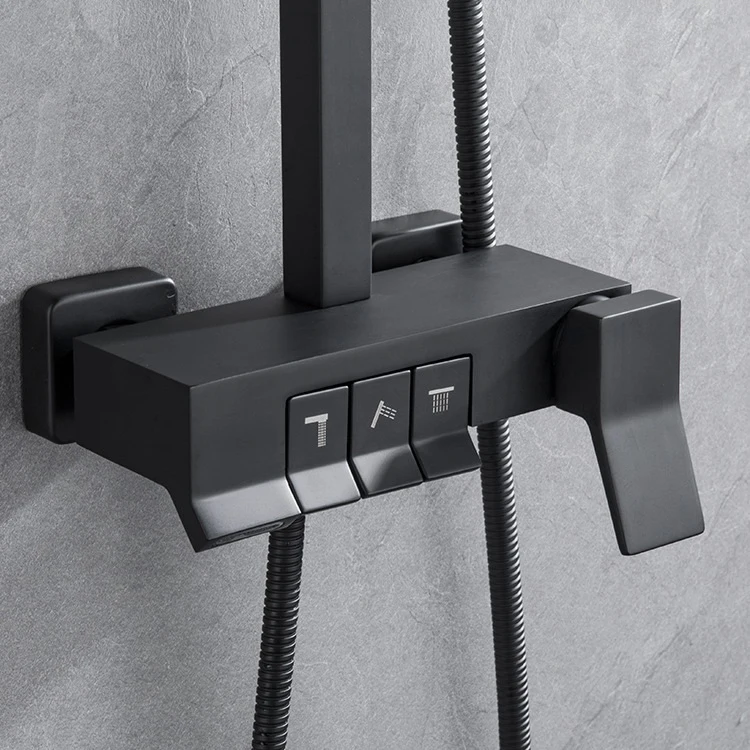 Conjunto de sistema de cabezal de ducha tipo lluvia para baño expuesto montado en la pared, color negro mate, latón