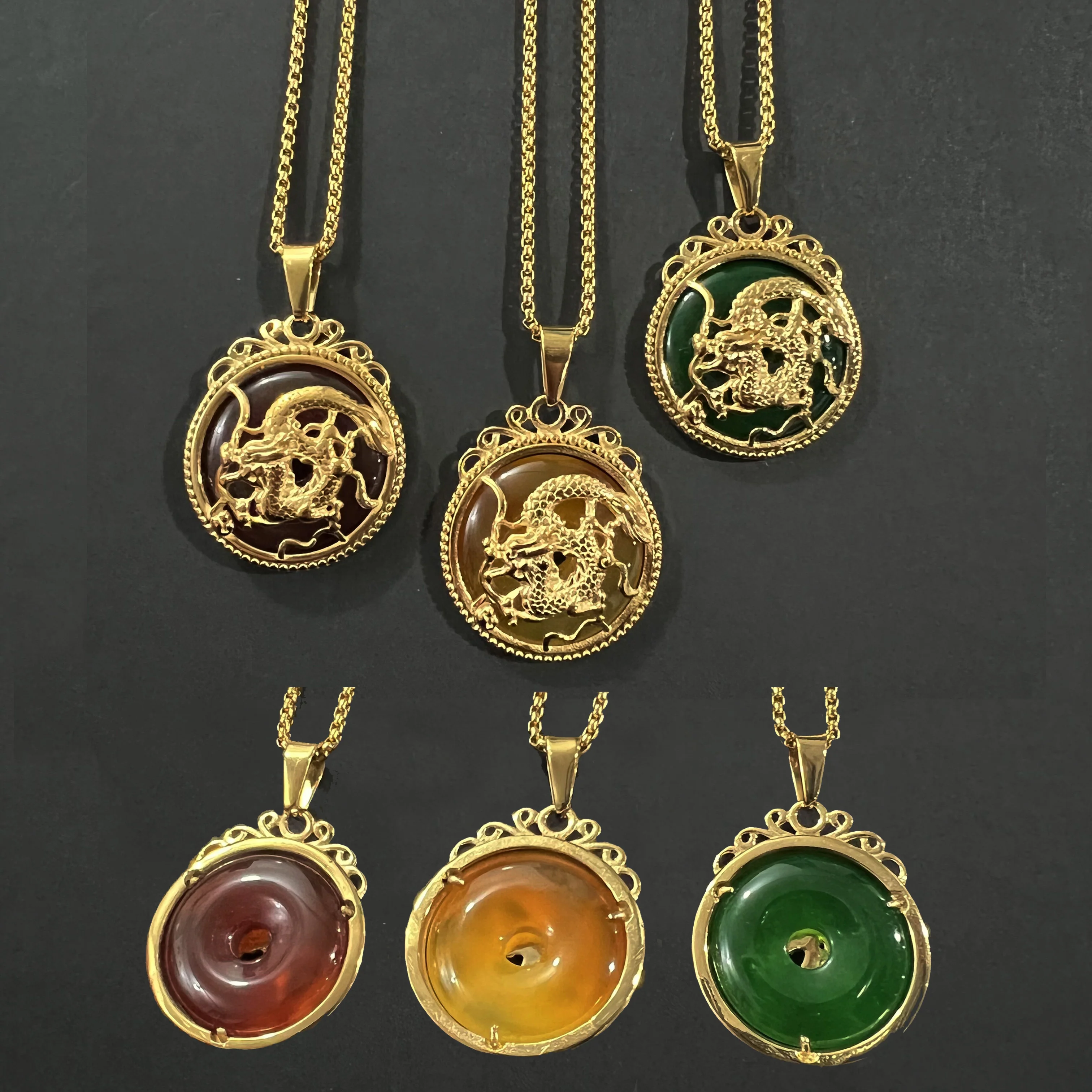 Non Tarnish China Dragon Charm Fashion Green Jade Dragon Pendant Necklace  18k Gold Plated Stainless Steel Jade Stone Necklace