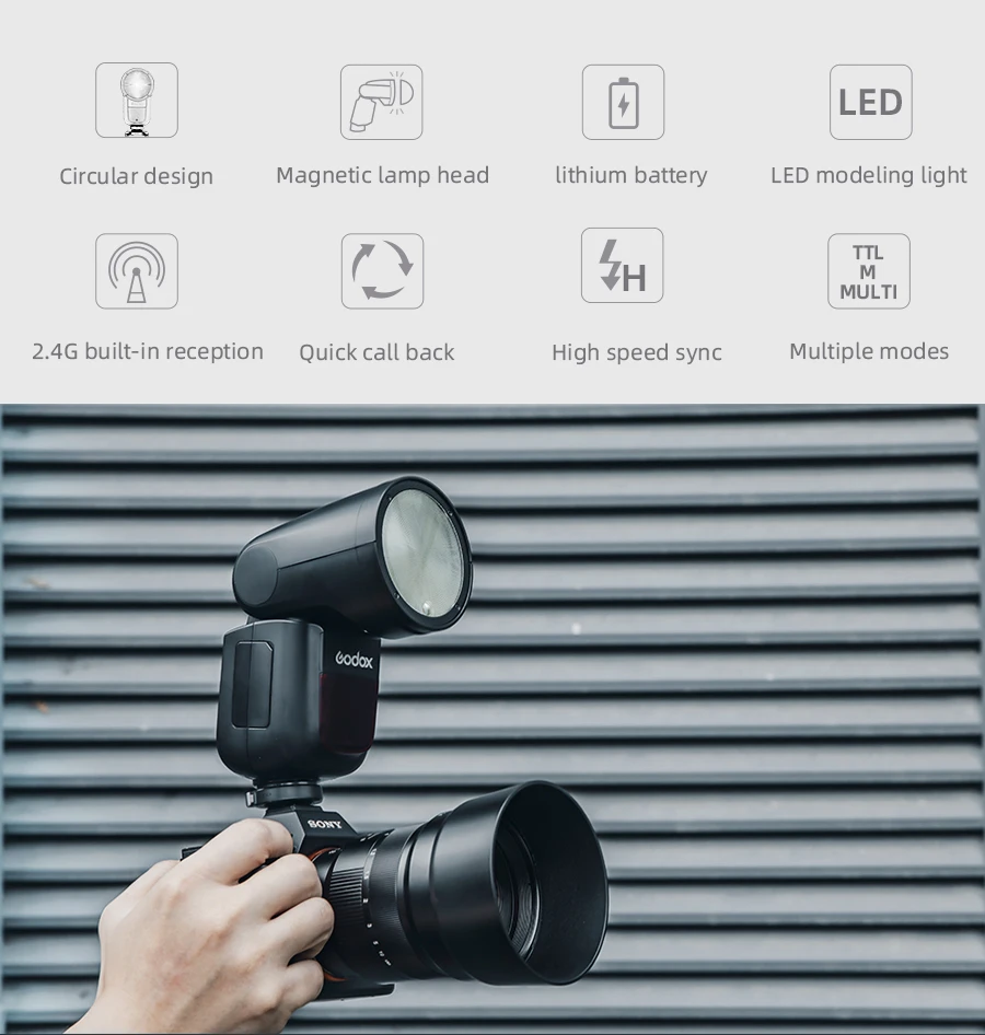 Godox V1-S Round Head Camera Flash for Sony Flash Speedlight Speedlite  Light 76Ws 2.4G 2600mAh 10 Levels LED Modeling Lamp