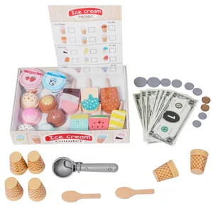EDULAND New Children's Wooden Kitchen Role Play Set Ice Cream Shop Simulation with Commissary Cashier and Sale Box Packed