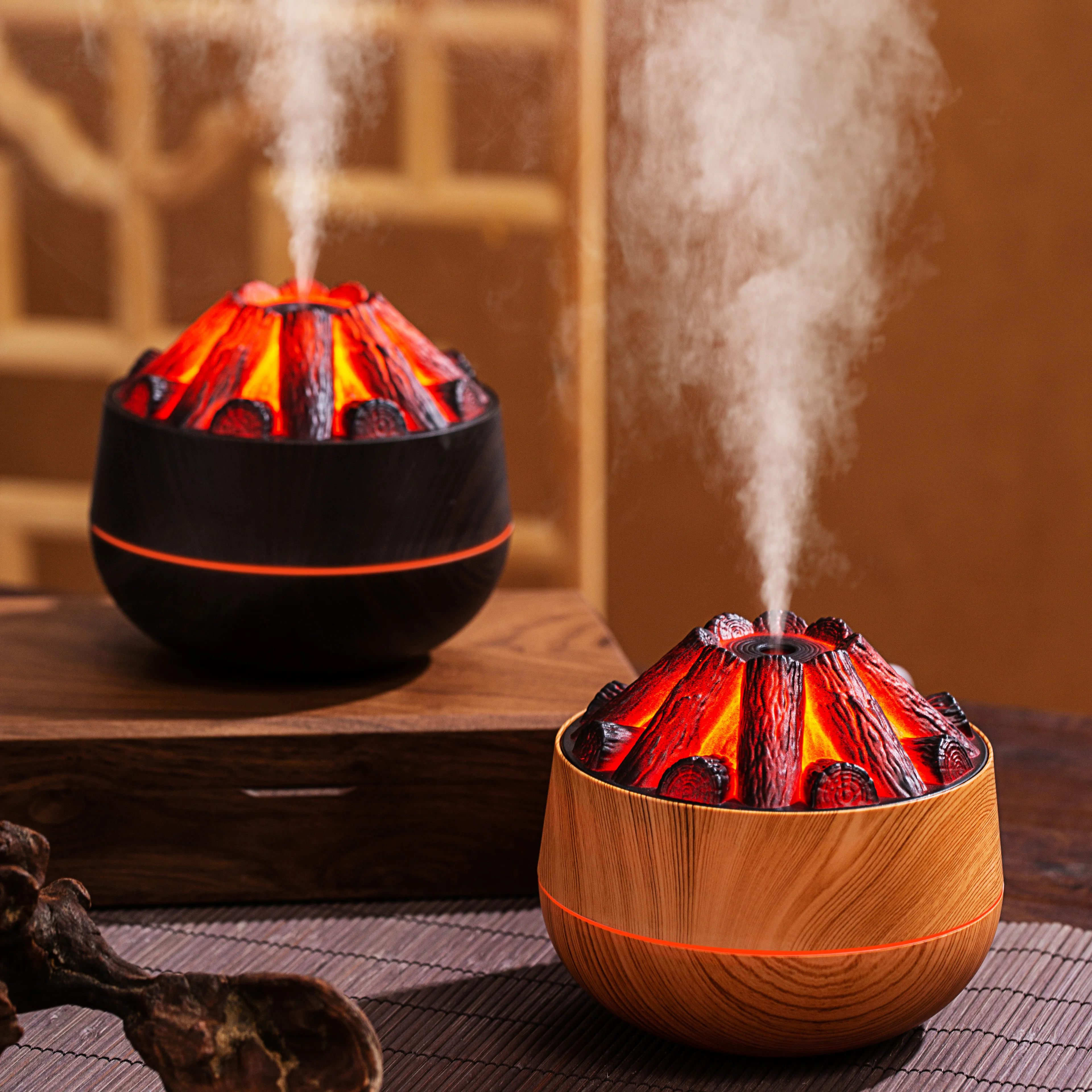 Volcano Mist Diffuser with Charcoal Fire LED Wood Grain 2-in-1 Ultrasonic Aroma Humidifier 300ml Cool Mist for Home Office Car