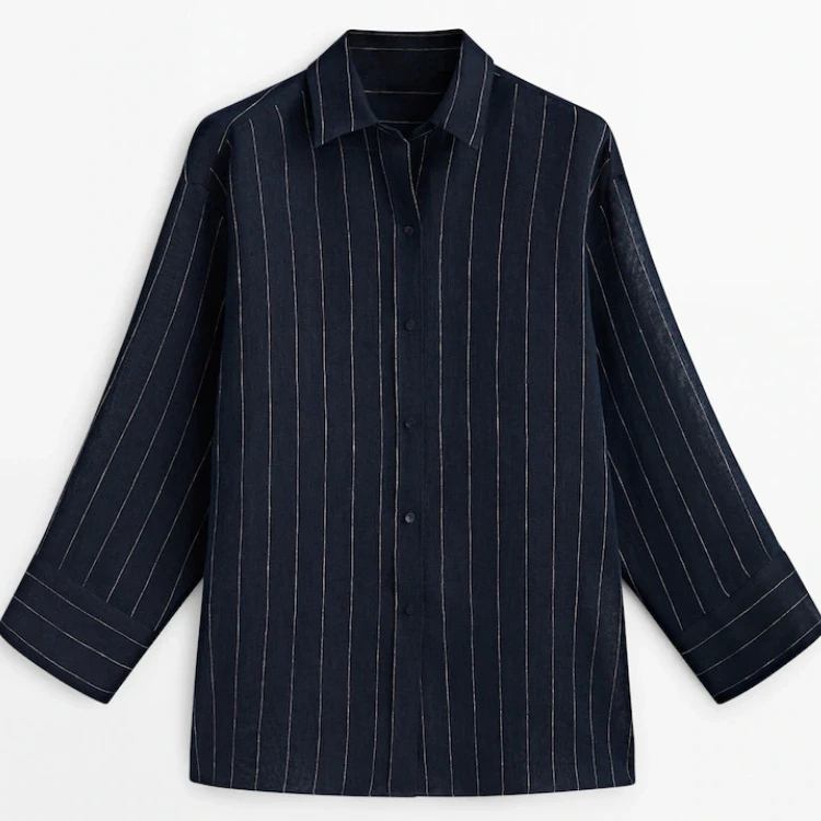 OME New Arrival Navy Blue 100% Linen Striped Shirt Women's Blouses Linen Shirts Blouses Elegant Women