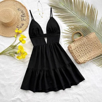 New Arrival 2025 Spring Sexy Deep V-neck Adjustable Band Mini Dress Vacation Beach Summer Slip Dresses