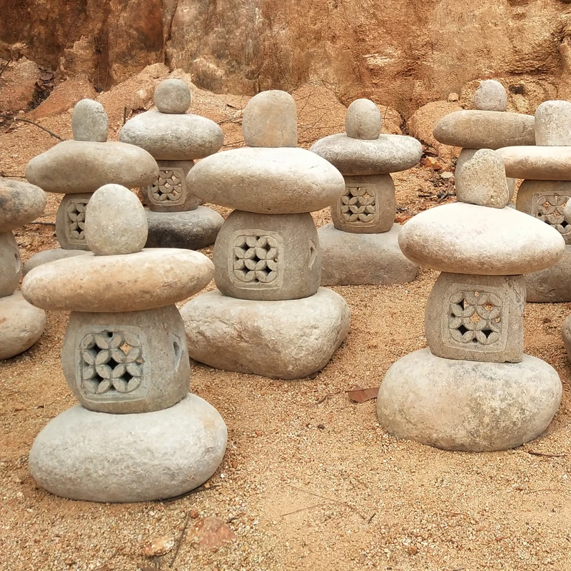 River Stone Lantern Bird Bath Japanese Lantern Garden Decor Patio Cobble Block Rusty Stone Carved Pagoda  Sculpture Outdoor