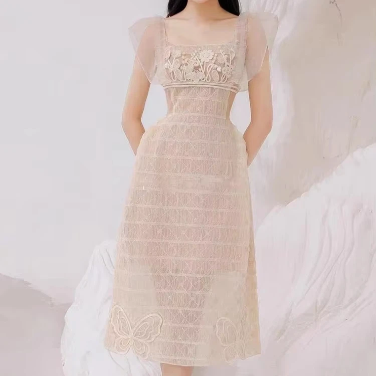vietnam fairy dress Vietnamese Designer's Maxi Fairy Dress with Flying Sleeves Square-Necked  Butterfly Lace Mesh Painted Technique