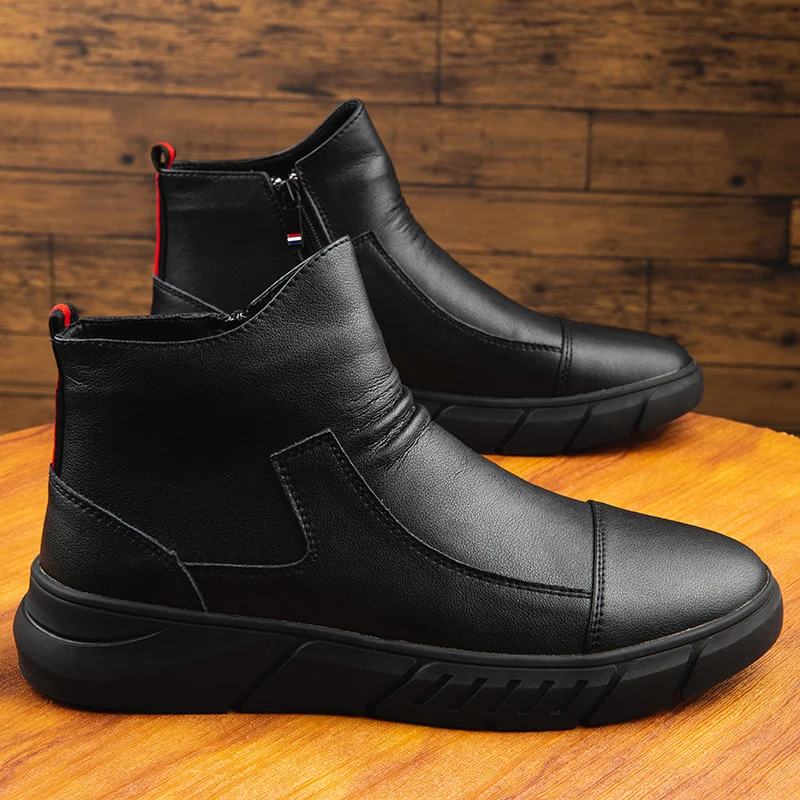 New Style Men's Genuine Leather Boots Fashion High Top Zipper Up Shoes Waterproof Comfortable Casual Walking Driving Shoes