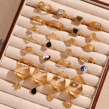 Wholesale Adjustable Ring Colorful Zircon Enamel Rings Set 18k Gold Plated Stainless Steel Jewelry