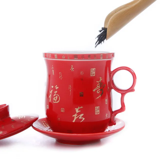 中国缸豆紅釉煎茶碗杯五客CR7791