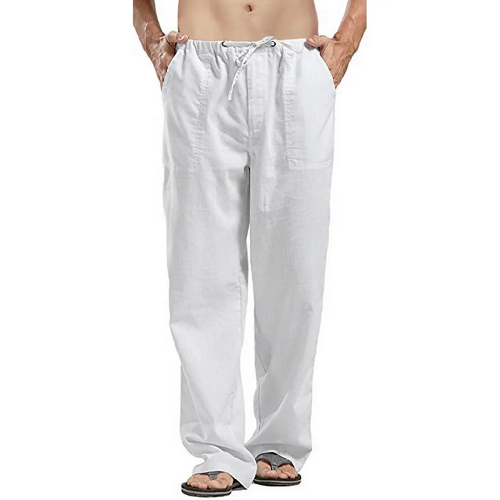 Men Linen Blend Loose Kung Fu Pants Elastic Waist Trousers Straight Leg |  eBay