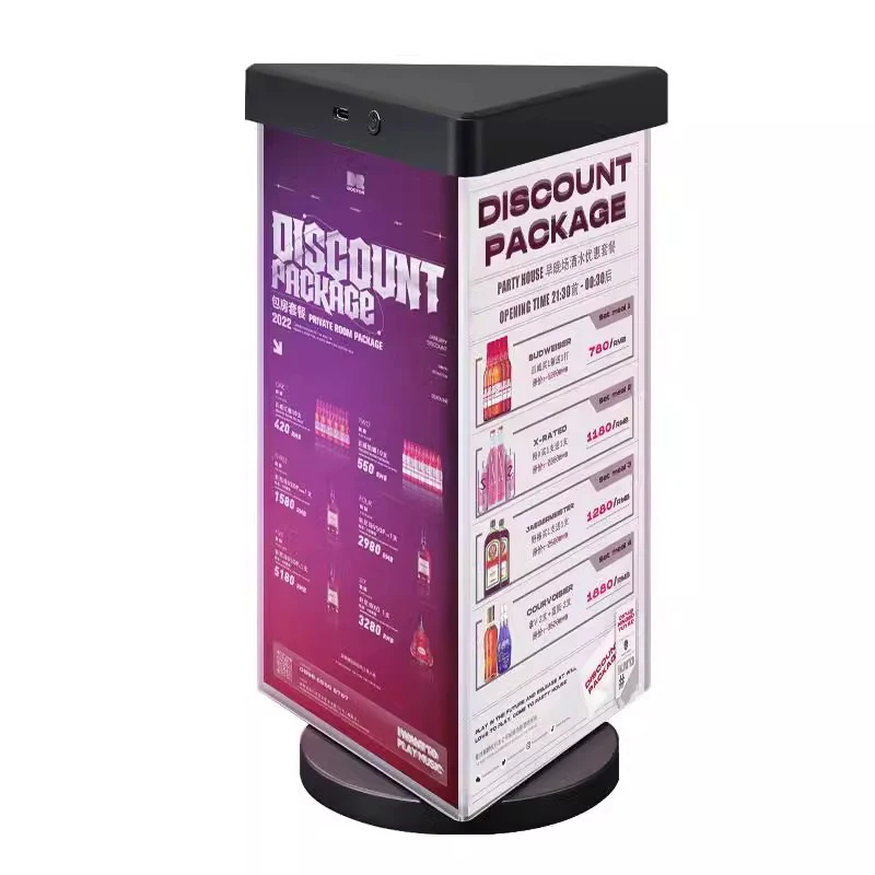 LED Rechargeable Rotating Three Sided Luminous Display Board Light Box Triangular Display Stand