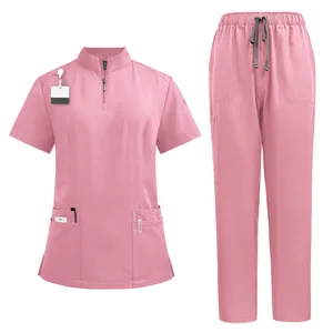 Fashion V Neck Zipper Top and Straight - Leg Pants Professional Manicurist Spa Uniform Nursing Uniform Medical Scrub Set
