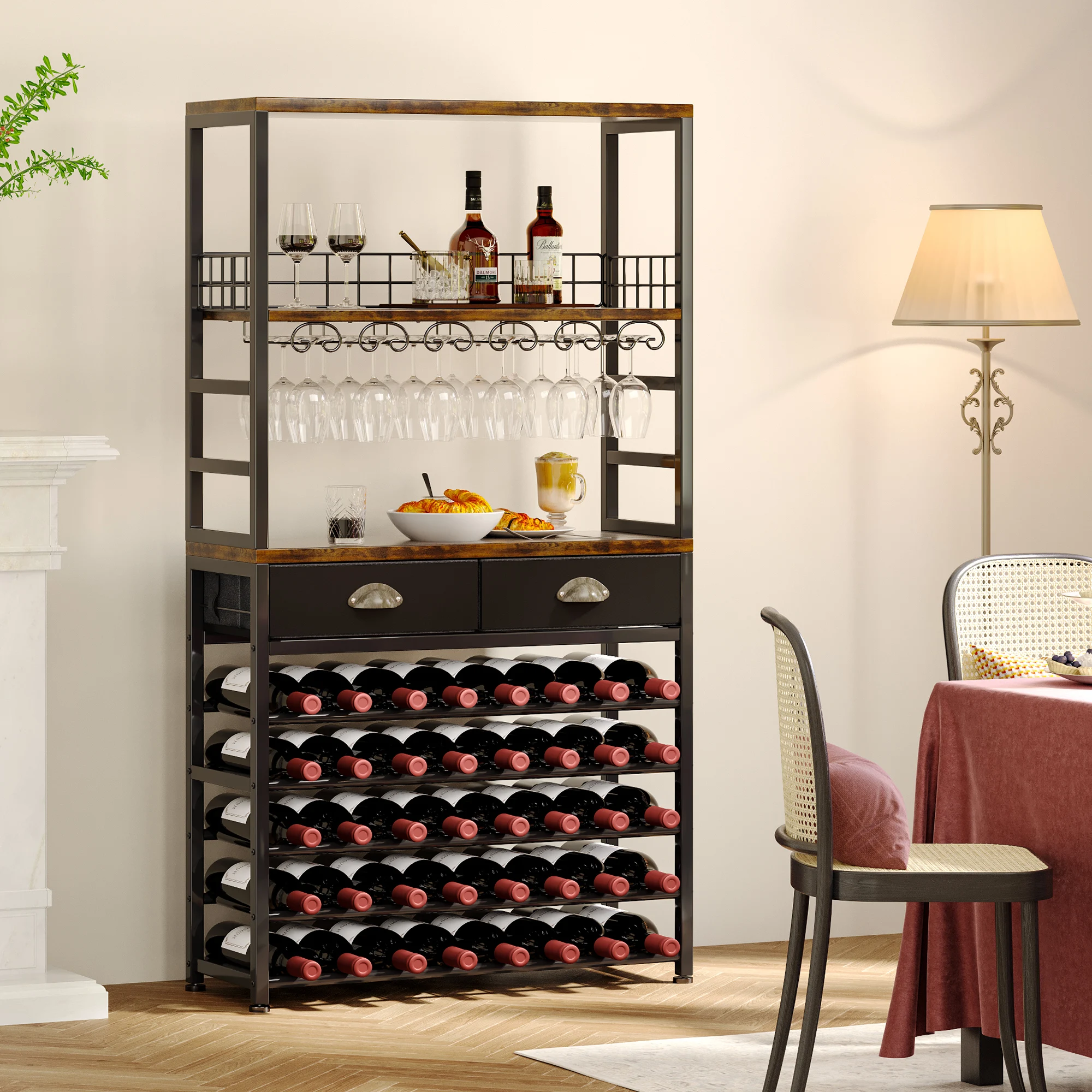 Wine Cabinet with Storage, Wine Rack Freestanding Floor, 6-Tier with Tabletop, Drawer and Wine Storage for Home Bars
