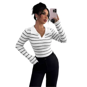Wholesale Price Spicy Girl Striped Long Sleeve T-Shirt Fashion Style Women's Slim Fit Base Knitted Sweater for Winter