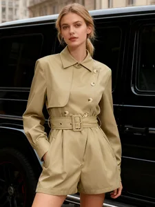 New British Style Casual Notched Collar Jumpsuit & Cropped Trench Coat Set Women's Waist-Belted Minimalist Outfit