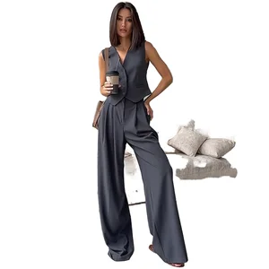 New Spring Collection Women's Casual 2-Piece Set V-Neck Sleeveless Vest Drop-Wide Leg Shorts Plain Dyed Polyester Weave Top