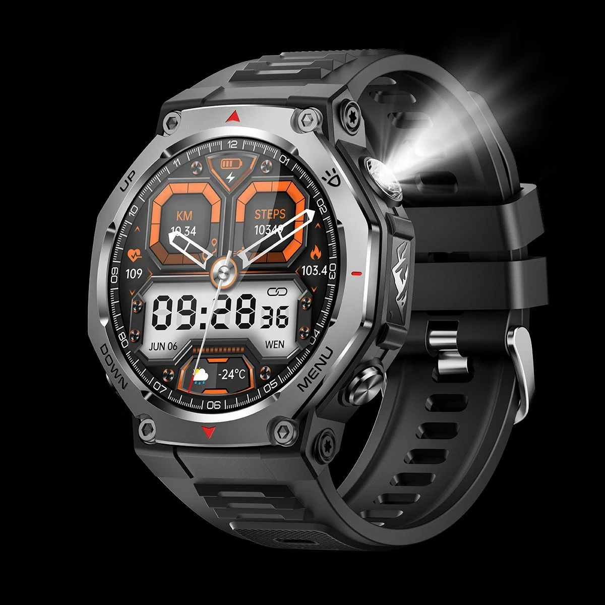 2025 New KT85 Dafit Fitness Smart Watch with AMOLED Screen Strong Flashlight 5ATM Waterproof Silicone Strap BT Call APP