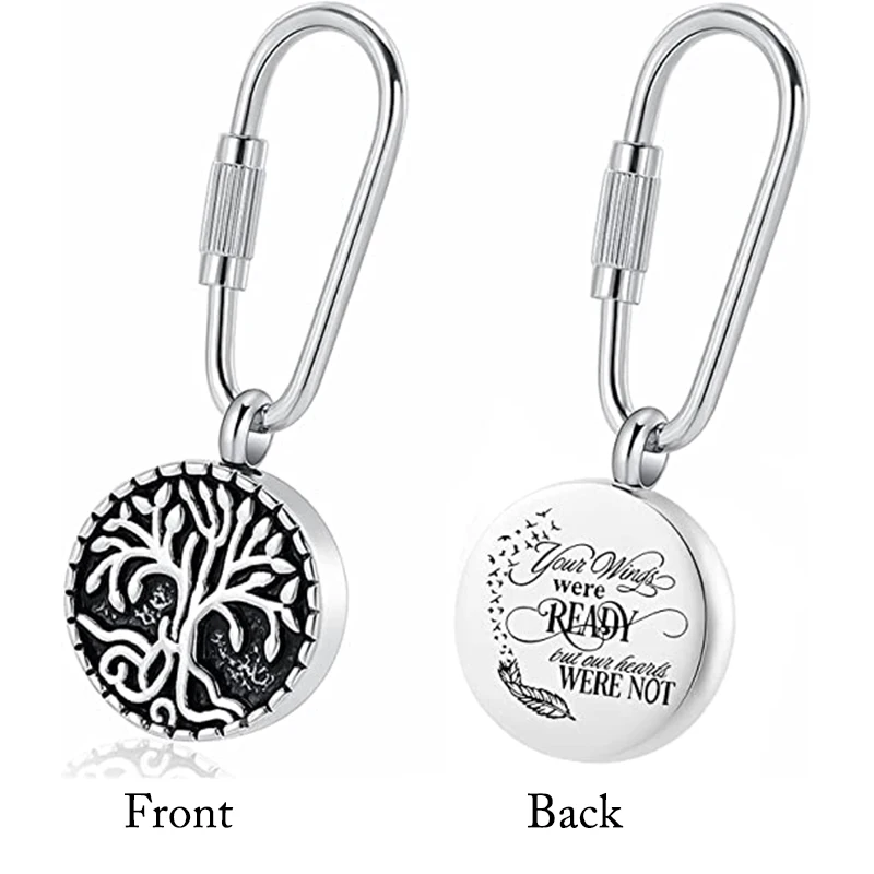 Cremation Jewelry Round Urn Keychain for Pet Ashes Stainless Steel Keepsake Urns Tree of Life Pendant Key Ring for Women Men