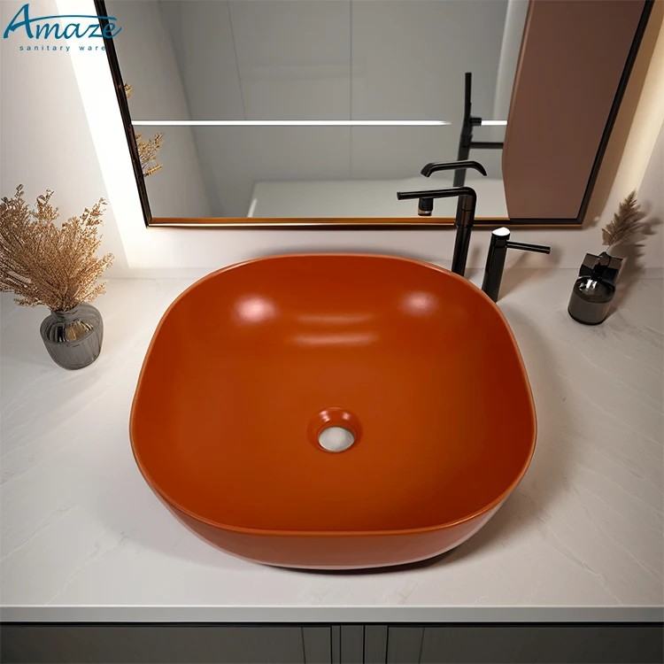 Orange color small square porcelain counter top washbasin hotel ceramic bathroom sink hand wash art basin factory